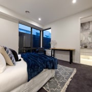 The master suite draws the eye in - bedroom, ceiling, estate, floor, home, interior design, property, real estate, room, gray