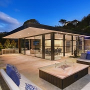 With the look of an elegant Japanese teahouse estate, home, house, property, real estate, resort, swimming pool, villa, blue