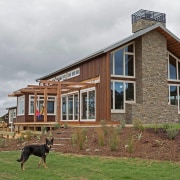 Historic New York barn incorporated into new contemporary cottage, elevation, estate, facade, farmhouse, home, house, log cabin, property, real estate, siding, gray, brown