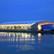 Richmond Olympic Oval was realised by Cannon Design architecture, daytime, fixed link, opera house, reflection, sky, sport venue, structure, water, waterway, blue