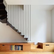 This  allowed to  build  a floor, furniture, hardwood, interior design, product design, shelf, stairs, wall, wood, gray