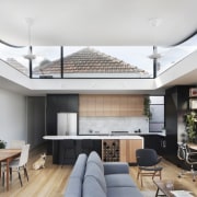 The clerestory windows wrap around the kitchen/living area architecture, ceiling, daylighting, house, interior design, living room, loft, real estate, gray, white