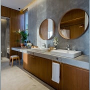 Recessed lighting sits in the ceiling above the bathroom, cabinetry, countertop, interior design, kitchen, room, sink, gray, brown
