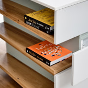 This considered shelf unit is the perfect showcase chest of drawers, desk, drawer, floor, furniture, product, product design, shelf, shelving, table, wood, brown, white