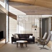 The timber casts a variety of interesting shadows architecture, ceiling, daylighting, floor, flooring, furniture, house, interior design, living room, wood flooring, white, gray, brown