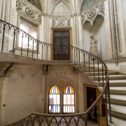 An octagonal staircase leads to the upper floor building, estate, facade, medieval architecture, tourist attraction, window, brown, gray