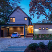 There's a large amount of parking outside - cottage, estate, facade, farmhouse, home, house, lighting, property, real estate, residential area, shed, siding, suburb, blue, black