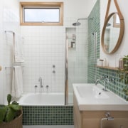 Architect: Drawing Room ArchitecturePhotography by Dan Fuge bathroom, bathroom accessory, bathroom cabinet, floor, home, interior design, plumbing fixture, product design, room, tile, wall, white, gray