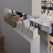 A view of the studio from the staircase architecture, desk, furniture, interior design, product design, table, gray, black