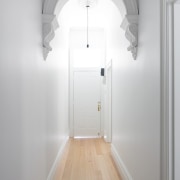 Elements from the original home have been carried architecture, ceiling, daylighting, floor, flooring, hall, home, house, interior design, light, lighting, room, window, wood, gray, white