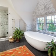 Marble-look tiles give the bathroom an elegant feel architecture, bathroom, bathtub, estate, home, interior design, property, real estate, room, window, gray