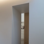 A kitchen area is hidden behind a sliding apartment, architecture, ceiling, daylighting, door, home, house, interior design, loft, plaster, wall, gray