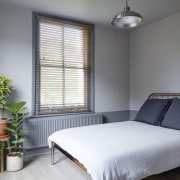 Large windows face the bed - Large windows bed, bed frame, bedroom, ceiling, daylighting, home, interior design, real estate, room, window, window blind, window covering, window treatment, wood, gray