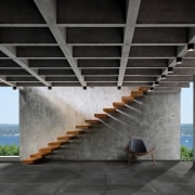 This floating staircase runs down an area with architecture, daylighting, structure, black, gray