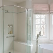 A wider view of the shower with seat bathroom, interior design, plumbing fixture, room, gray
