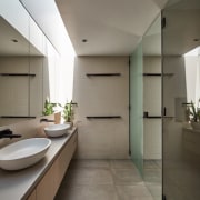 The redesigned bathroom - The redesigned bathroom - architecture, bathroom, ceiling, daylighting, floor, house, interior design, product design, room, sink, tile, gray