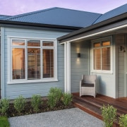 Niagara timber posts with colonial style weatherboard house cottage, door, estate, facade, home, house, porch, property, real estate, residential area, siding, window, gray