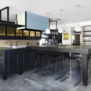 The kitchen runs along the central axis of countertop, cuisine classique, furniture, interior design, kitchen, gray, white, black