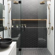 Caro Design bathroom, floor, flooring, plumbing fixture, shower, tap, tile, wall, gray, white, black