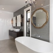 What type of feeling should the bathroom have? bathroom, floor, interior design, property, room, gray