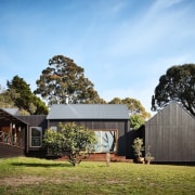 The home from main lawn area - The architecture, barn, cottage, estate, farmhouse, home, house, plantation, property, real estate, shed, sky, tree, teal, brown