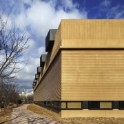Natural wood rings the structure - Natural wood architecture, building, corporate headquarters, facade, home, house, residential area, sky, wood, orange