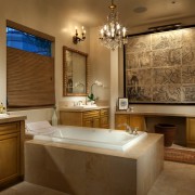 The bathroom features a large bath, window and bathroom, countertop, estate, home, interior design, real estate, room, window, brown