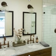His and hers sinks (and mirrors) make this bathroom, bathroom accessory, home, interior design, plumbing fixture, property, room, sink, gray
