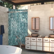 Part of the mosaic charm is its versatility bathroom, floor, flooring, home, interior design, room, tile, wall, white, gray