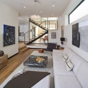 Another view of the living area. Hardwood floors ceiling, floor, house, interior design, living room, property, real estate, room, gray