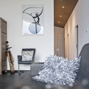 Tasteful lighting runs down the hallway - Tasteful architecture, ceiling, daylighting, floor, home, house, interior design, light fixture, living room, room, table, gray