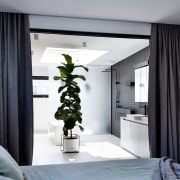 This substantial  plant in the master ensuite curtain, home, interior design, room, window, window covering, window treatment, black, gray, white