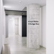 Clear signage runs throughout the centre - Clear floor, interior design, structure, white, gray