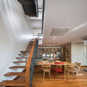 A unique staircase design connects the two floors architecture, ceiling, daylighting, interior design, loft, stairs, gray