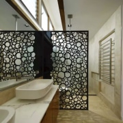 Circles and lines – the simple lines of architecture, bathroom, ceiling, daylighting, estate, floor, flooring, handrail, home, interior design, property, real estate, room, stairs, tile, wall, gray, brown