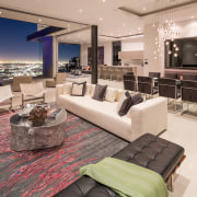 The home opens up to the city - floor, flooring, home, interior design, living room, penthouse apartment, property, real estate, orange