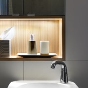 A tidy nook for soap and power outlets bathroom, bathroom accessory, bathroom cabinet, interior design, lighting, product design, sink, tap, gray