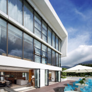 Expansive use of glass means ample sunlight - architecture, building, commercial building, condominium, corporate headquarters, facade, home, house, mixed use, property, real estate, window, gray