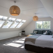 Master bedroom with leafy views and ample sunlight architecture, bed frame, bedroom, ceiling, daylighting, estate, home, house, interior design, real estate, room, gray