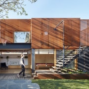 The Corten steel delivers both a striking contemporary architecture, building, facade, home, house, real estate, residential area, wood, brown