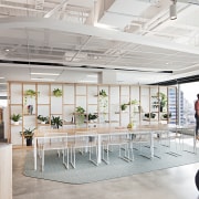 A series of pushed together veneer tables in daylighting, interior design, office, table, gray, white