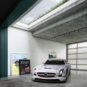 Glimpse the green roof through the skylight - automotive design, automotive exterior, building, car, garage, luxury vehicle, mercedes benz, mercedes benz sls amg, motor vehicle, performance car, personal luxury car, sports car, vehicle, gray, black