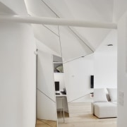 A mirrored door/wall covers this home office - architecture, ceiling, daylighting, floor, house, interior design, loft, product design, gray