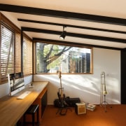 The roof angles up to face the windows architecture, ceiling, daylighting, house, interior design, real estate, roof, shade, window, window covering, window treatment, brown, gray