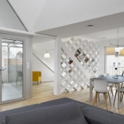 A covered outdoor terrace is the perfect place apartment, architecture, ceiling, house, interior design, living room, loft, real estate, window, gray