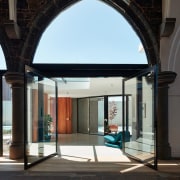 Looking into the new part of the home architecture, building, door, facade, house, property, window, black