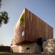Another view of the box form of the architecture, building, facade, house, sky, wood, brown