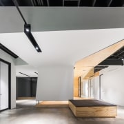 The office is made up of simple geometric architecture, ceiling, daylighting, house, interior design, loft, product design, white, gray