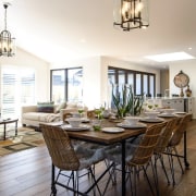 Classic weatherboards and roof tiles give this GJ dining room, estate, home, interior design, living room, property, real estate, room, table, white, brown