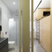 You can see into both the bathroom and architecture, daylighting, floor, glass, handrail, house, interior design, real estate, gray